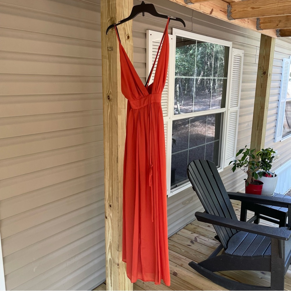 V neck orange dress size unknown, maybe S-M size, as new